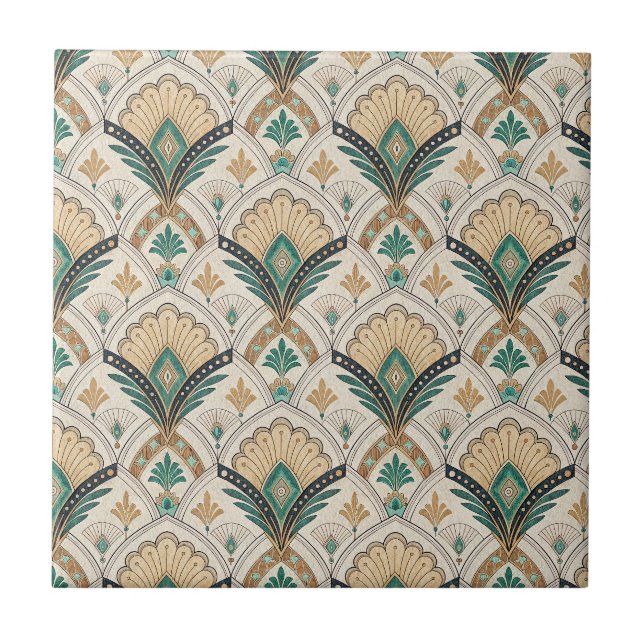 Art Deco Fläkt & Båge Förgylld Teal Geometriskt Mö Kakelplatta (Framsidan)