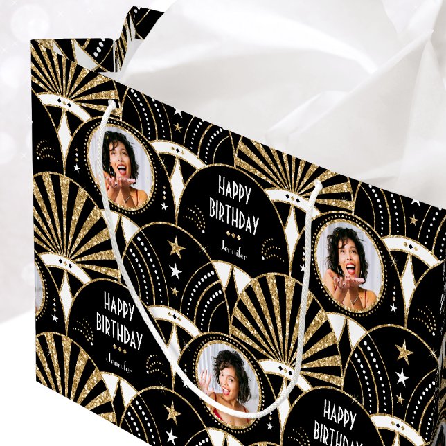 Art Deco Fläkt Birthday Faux Glitter Photo Black (Skapare uppladdad)