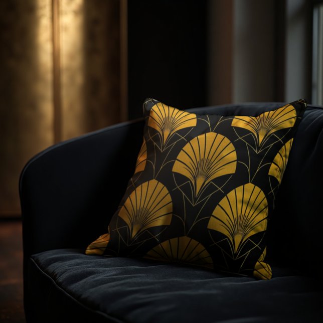 Art Deco Fläkt Geometry - Luxe Deco Black & Guld Kudde (Bold Art Deco luxury. Black & gold geometric fan motif for sophisticated interiors.)