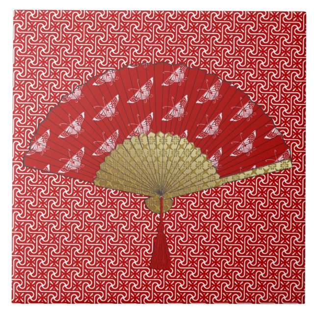 Art Deco Fläkt i Butterfly Mönster, Deep Red Kakelplatta (Framsidan)