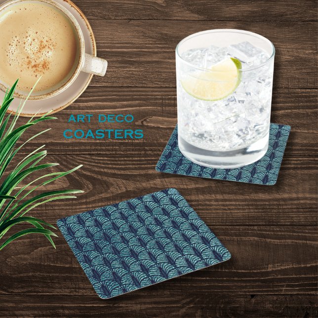 Art Deco Fläkt Mönster Blue Underlägg Papper Kvadrat (Art Deco Fan Pattern Blue Square Paper Coaster)
