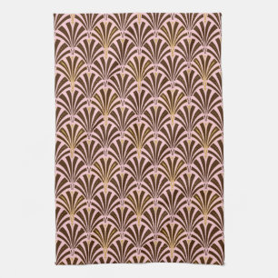 Art Deco fläkt mönster - choklad på rosa Kökshandduk