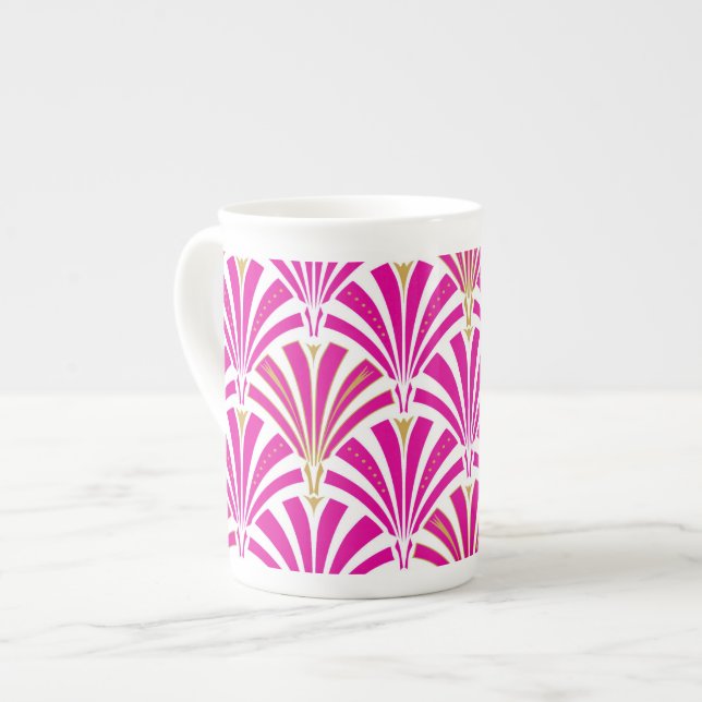 Art Deco fläkt mönster - fuchsisk rosa Benporslin Mugg (Framsida vänster)