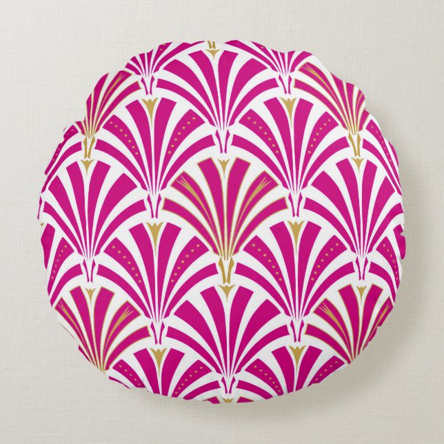 Art Deco fläkt mönster - fuchsisk rosa Rund Kudde (Framsidan)