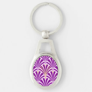 Art Deco fläkt mönster - lila och orkidé Ovalt Silverfärgad Nyckelring