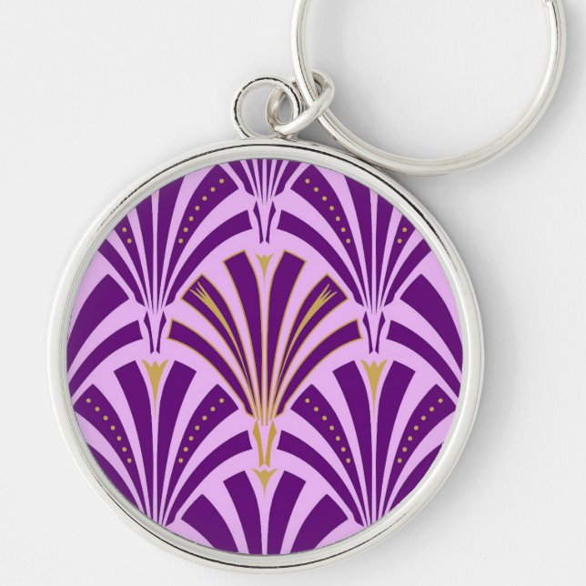 Art Deco fläkt mönster - lila och orkidé Rund Silverfärgad Nyckelring (Framsidan)