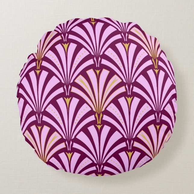 Art Deco fläkt mönster - orkidé och lila Rund Kudde (Framsidan)