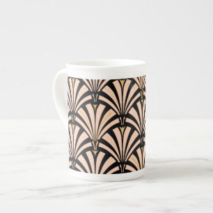 Art Deco fläkt mönster - persika på svart Benporslin Mugg