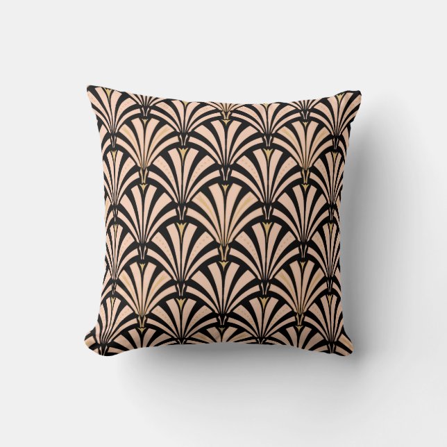 Art Deco fläkt mönster - persika på svart Kudde (Framsida)