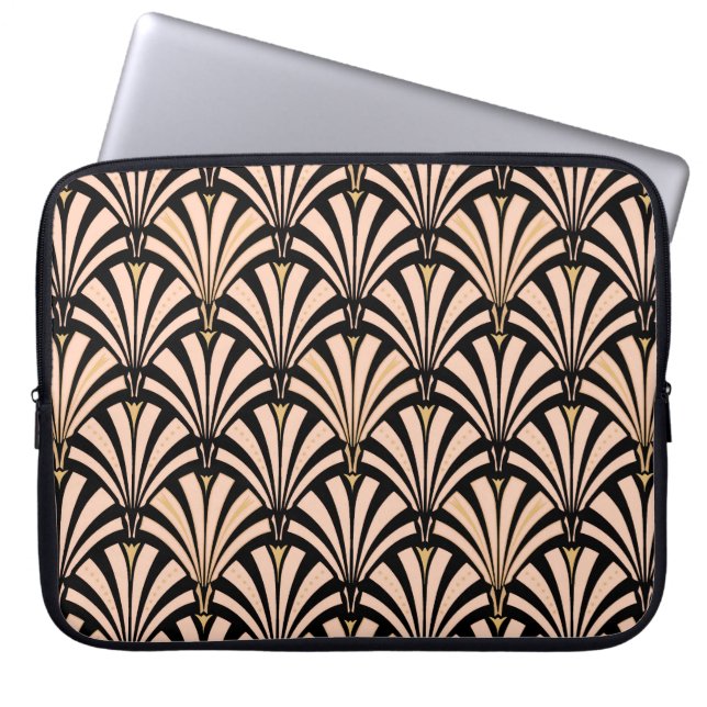 Art Deco fläkt mönster - persika på svart Laptop Sleeve (Framsidan)