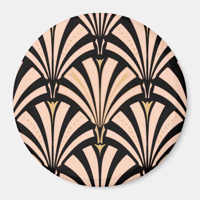 Art Deco fläkt mönster - persika på svart Magnet (Framsidan)