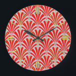Art Deco fläkt mönster - röd på pärlgrått Stor Klocka<br><div class="desc">Digital reproduktion av en klassisk art,  Art Deco tapet fläkt mönster - rik,  läppstift på pärlfärgat grått,  förnimmad med guld</div>