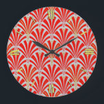 Art Deco fläkt mönster - röd på pärlgrått Stor Klocka<br><div class="desc">Digital reproduktion av en klassisk art,  Art Deco tapet fläkt mönster - rik,  läppstift på pärlfärgat grått,  förnimmad med guld</div>