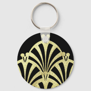 Art deco fläkt mönster svarta guld elegant vintage nyckelring