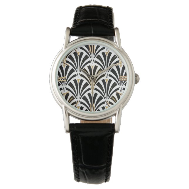 Art Deco fläkt mönster - svartvitt Armbandsur (Framsida)