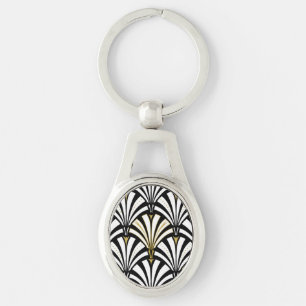Art Deco fläkt mönster - svartvitt Ovalt Silverfärgad Nyckelring