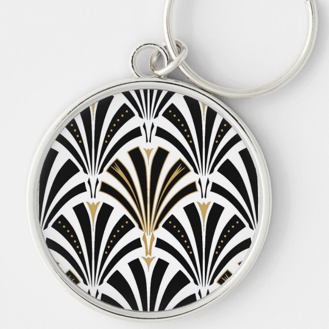 Art Deco fläkt mönster - svartvitt Rund Silverfärgad Nyckelring (Framsidan)