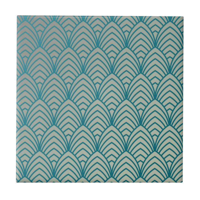 Art deco, fläkt mönster, teal, vit, fläkt mönster, kakelplatta (Framsidan)