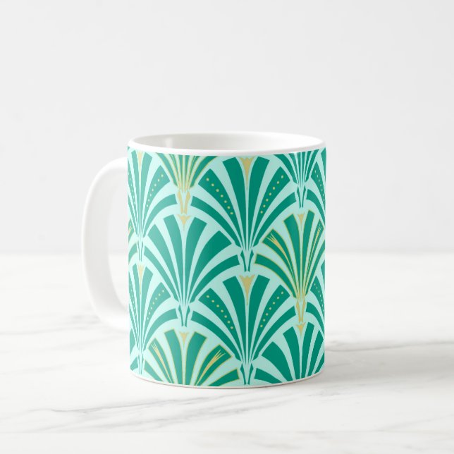 Art Deco fläkt mönster - turkos på aqua Kaffemugg (Framsida vänster)
