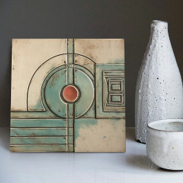 Art Deco Fläkt och Circle Teal Tan Rusty Kakelplatta