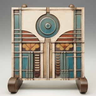 Art Deco Fläkt och Circle Teal Tan Rusty Kakelplatta