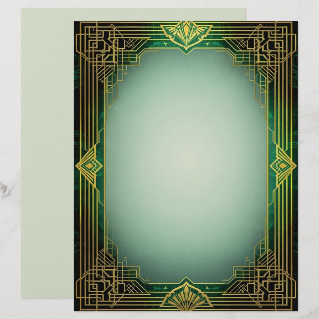 Art Deco-fläkt ram på grönt brevpapper (Fram/baksida)
