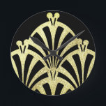 Art deco fläkt svart guld elegant vintage rund klocka<br><div class="desc">En konst deco fläkt mönster i svart och guld. En vintage för elegant.</div>
