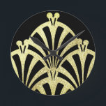Art deco fläkt svart guld elegant vintage rund klocka<br><div class="desc">En konst deco fläkt mönster i svart och guld. En vintage för elegant.</div>
