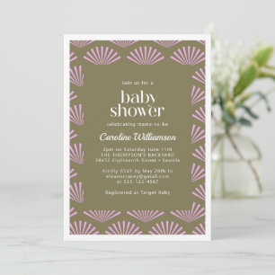 Art Deco-fläktar i olivgrön och lila baby shower Inbjudningar