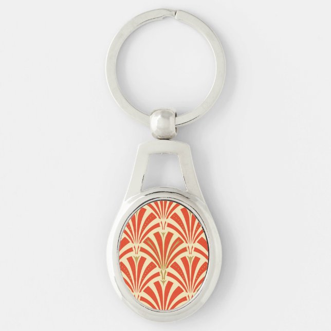 Art Deco-fläktmönster - mandarinfärgad Ovalt Silverfärgad Nyckelring (Framsidan)