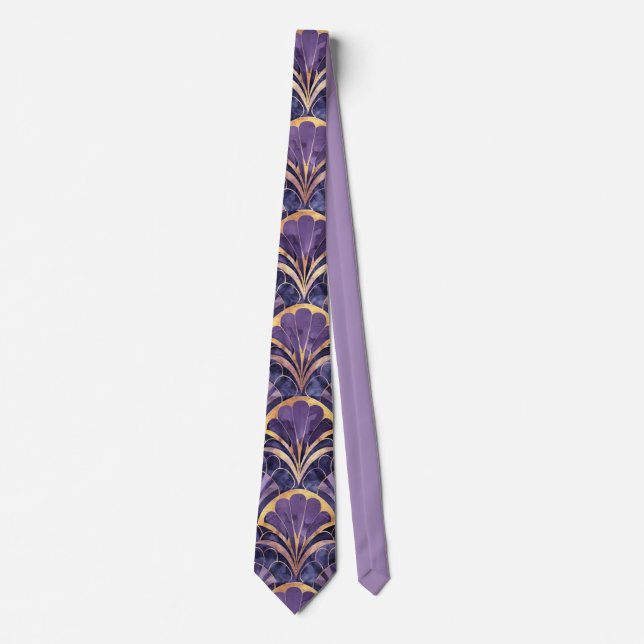 Art Deco Fläktmotiv Lila, Marinblå & Guld Elegans Slips (Framsida)