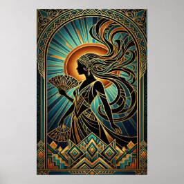 Art Deco Flapper Kvinna Porträtt Guld Teal Affisch
