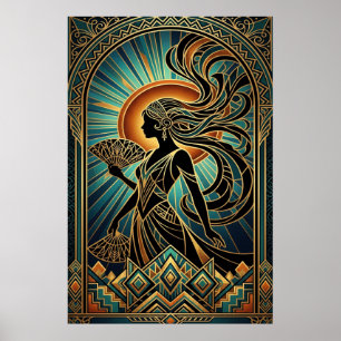 Art Deco Flapper Kvinna Porträtt Guld Teal Affisch