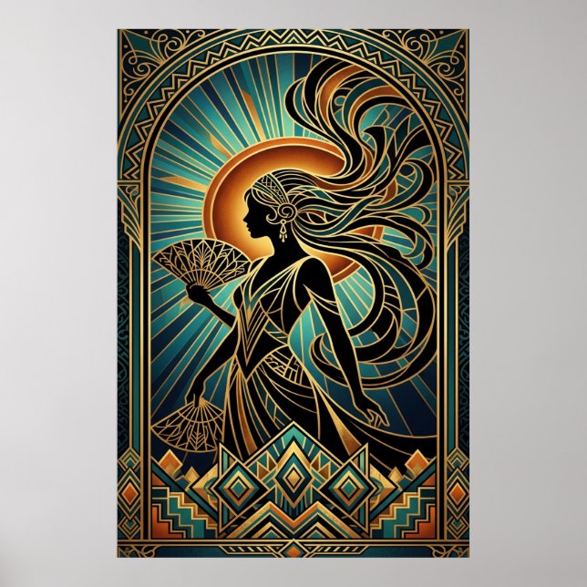 Art Deco Flapper Kvinna Porträtt Guld Teal Affisch (Framsidan)