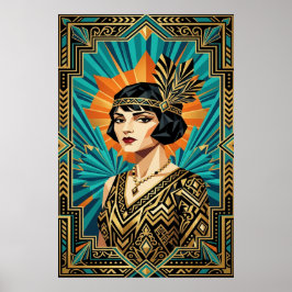 Art Deco Flapper Kvinna Porträtt Guld Teal Affisch