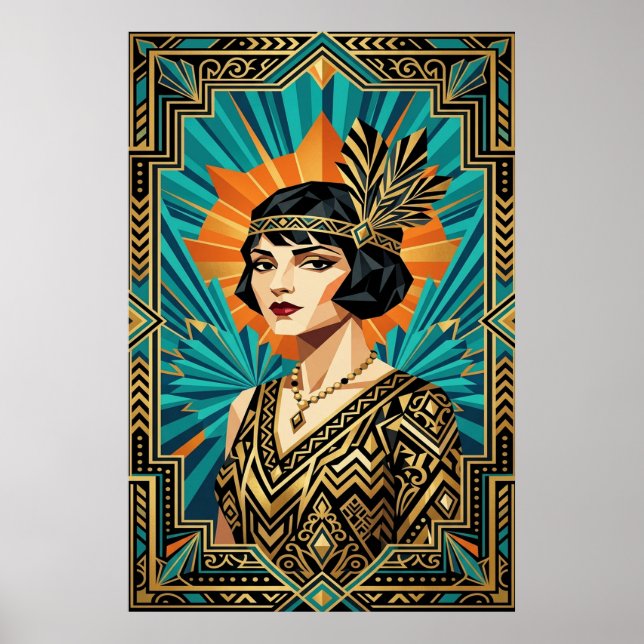 Art Deco Flapper Kvinna Porträtt Guld Teal Affisch (Framsidan)
