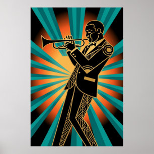 Art Deco Flapper Kvinna Porträtt Guld Teal Affisch