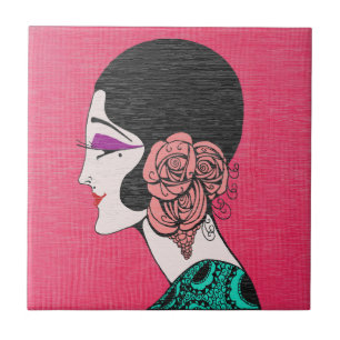 Art Deco Flapperflicka med Rosor Keramisk Kakel