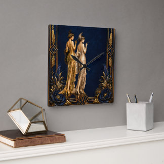 Art Deco flapperflickor blå guld Gatsby decoupage Fyrkantig Klocka