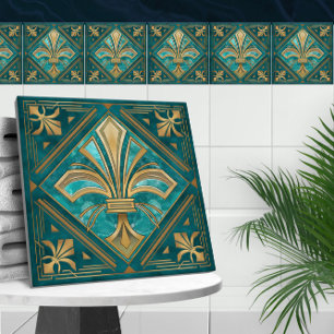 Art Deco Fleur-de-lis - Aquamarine och Guld Kakelplatta