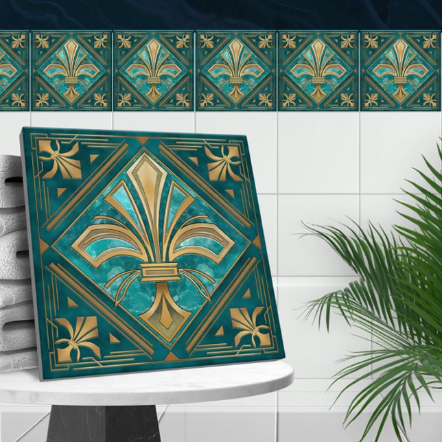 Art Deco Fleur-de-lis - Aquamarine och Guld Kakelplatta (Skapare uppladdad)