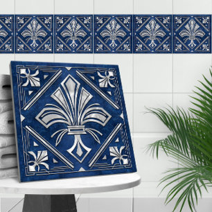 Art Deco Fleur-de-lis - blå marmor och pärlor Kakelplatta
