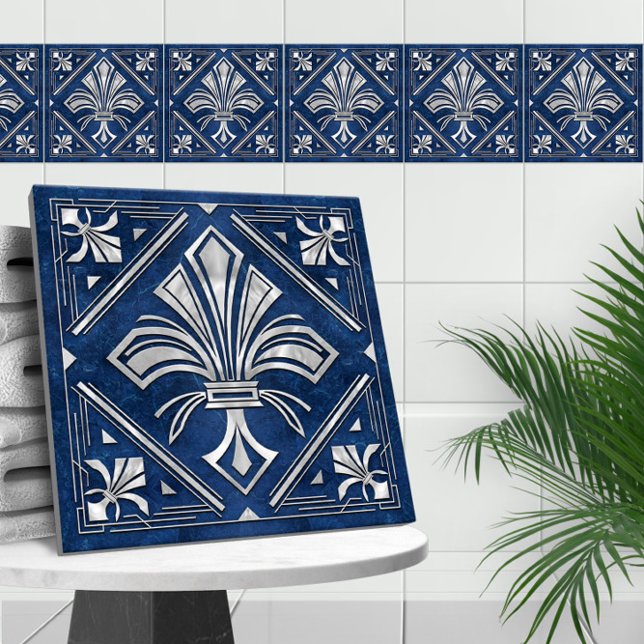 Art Deco Fleur-de-lis - blå marmor och pärlor Kakelplatta (Skapare uppladdad)
