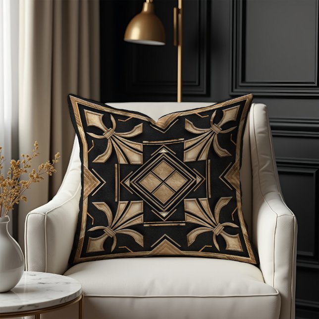 Art Deco Fleur-de-lis Black och Guld Kudde (Skapare uppladdad)