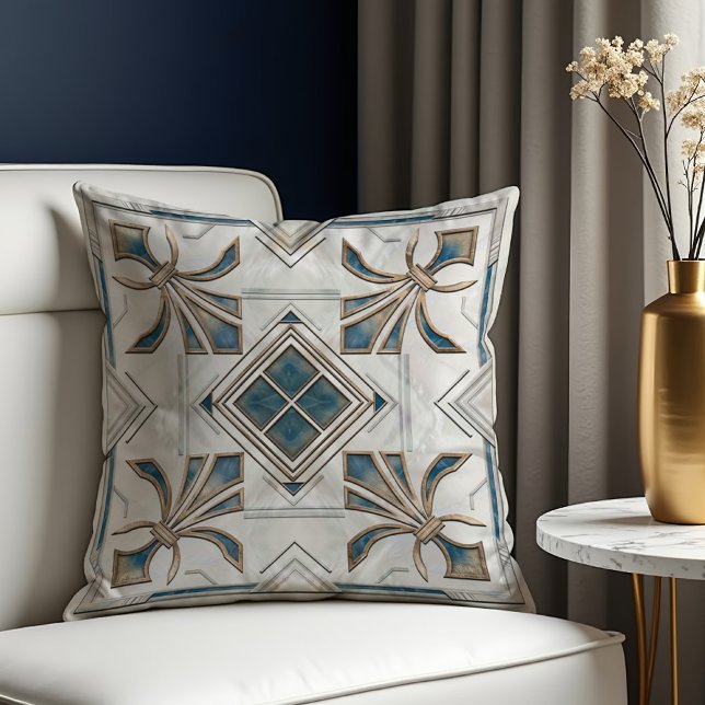 Art Deco Fleur-de-lis Blue and White Kudde (Skapare uppladdad)