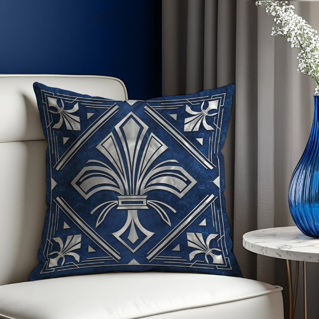 Art Deco Fleur-de-lis Blue marble and Pearl Kudde (Skapare uppladdad)