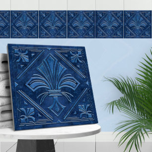Art Deco Fleur-de-lis - Blue Marble Kakelplatta