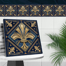 Art Deco Fleur-de-lis - Blue Marble och Guld