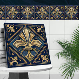 Art Deco Fleur-de-lis - Blue Marble och Guld Kakelplatta