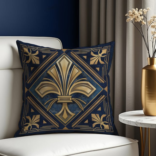 Art Deco Fleur-de-lis Blue och guld Kudde (Skapare uppladdad)